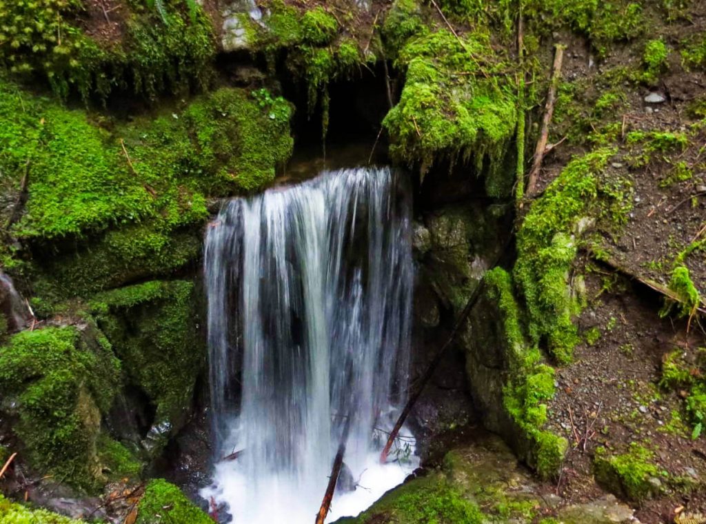 Wide waterfall falling into mossy chasm