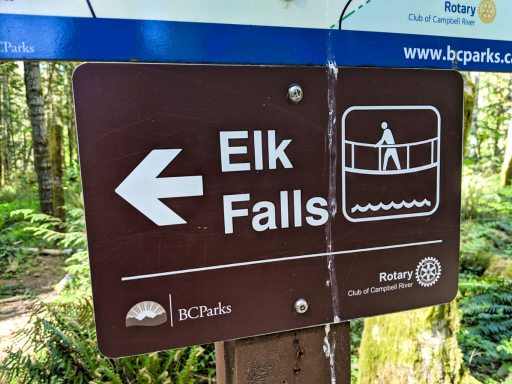 Brown Elk Falls sign, with arrow directing hikers