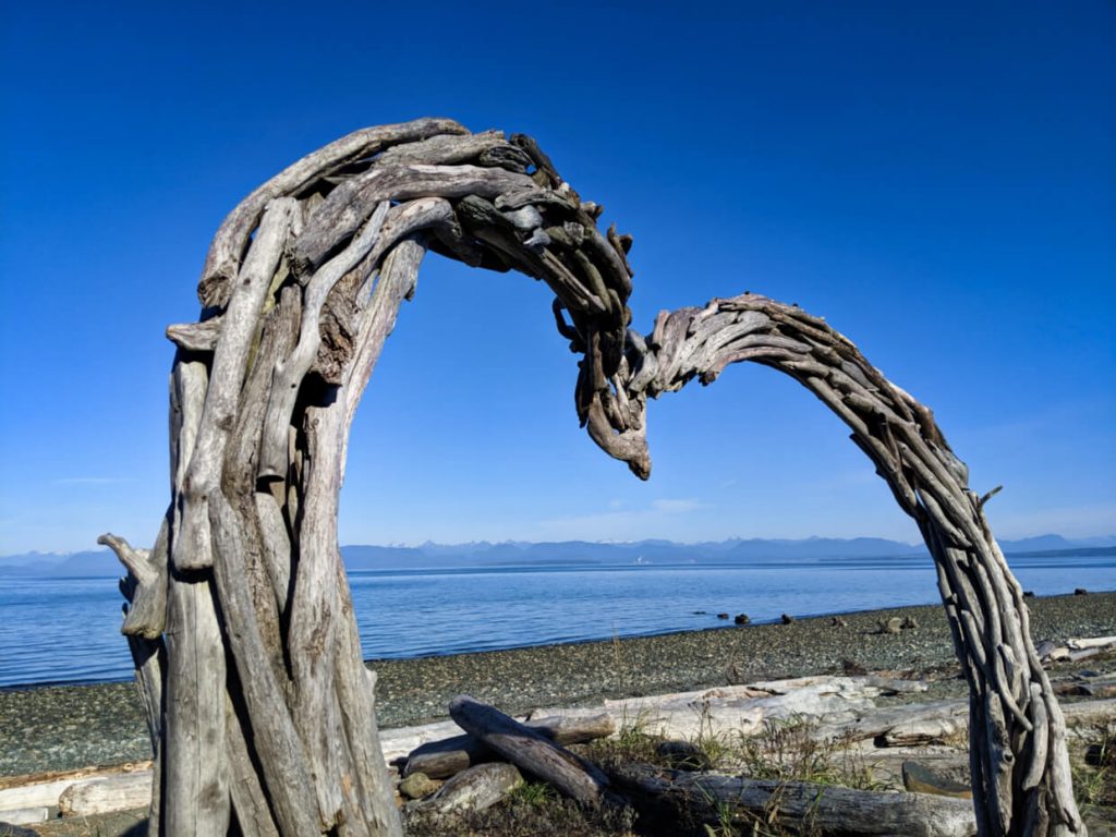 Heart shaped driftwood sculpture on rocky beach, with ocean and mountains in background